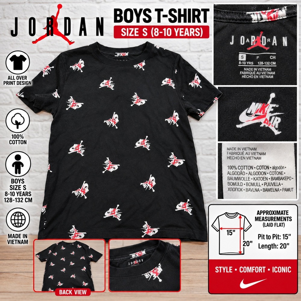 Jordan Boys T-Shirt Size S 8-10 Black Nike Air Jumpman All Over Print 6654-023